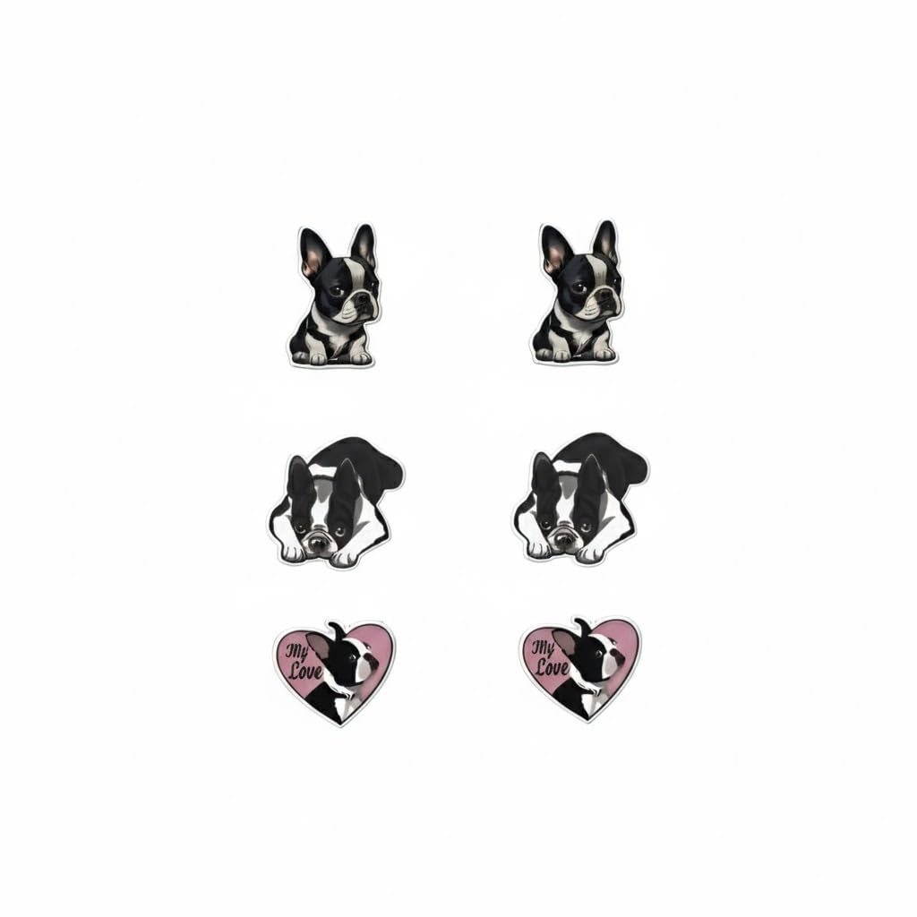 Boston Terrier Stud Earrings Set, Black and White Dog Design with Heart Charm, 3 Pairs