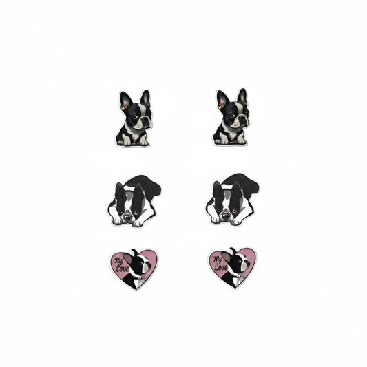 Boston Terrier Stud Earrings Set, Black and White Dog Design with Heart Charm, 3 Pairs