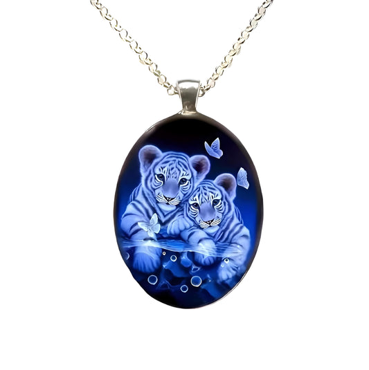 Tiger Cubs with Butterflies Oval Pendant Necklace, Sterling Silver Necklace with Glass Pendant - Birthday, Holiday, or Christmas Gift