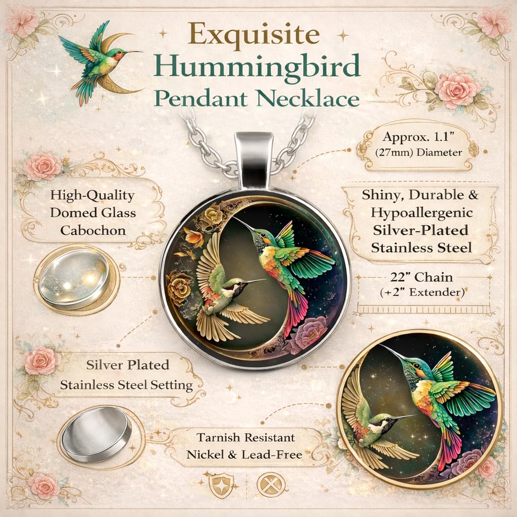 SUPAC Stunning Hummingbird Pendant Necklace - Two Humming Birds Searching for Flower - Fashionable Alloy Jewelry with Delicate Details - Birthday, Party, Gift Idea for Her