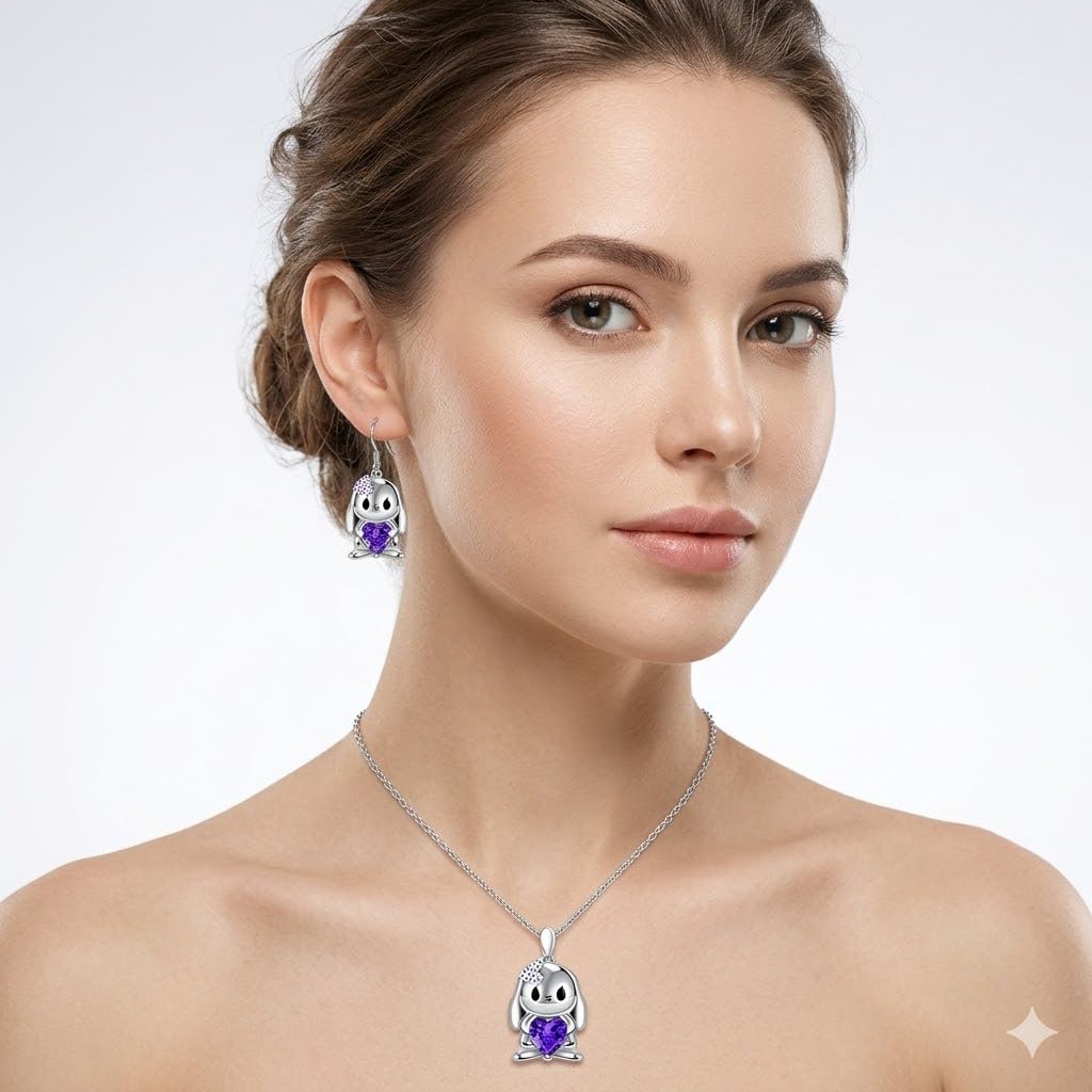 SUPAC Stainless Steel Angry Bunny Pendant Necklace with Purple Crystal Heart, 19.68 inch Chain - Silver Plated