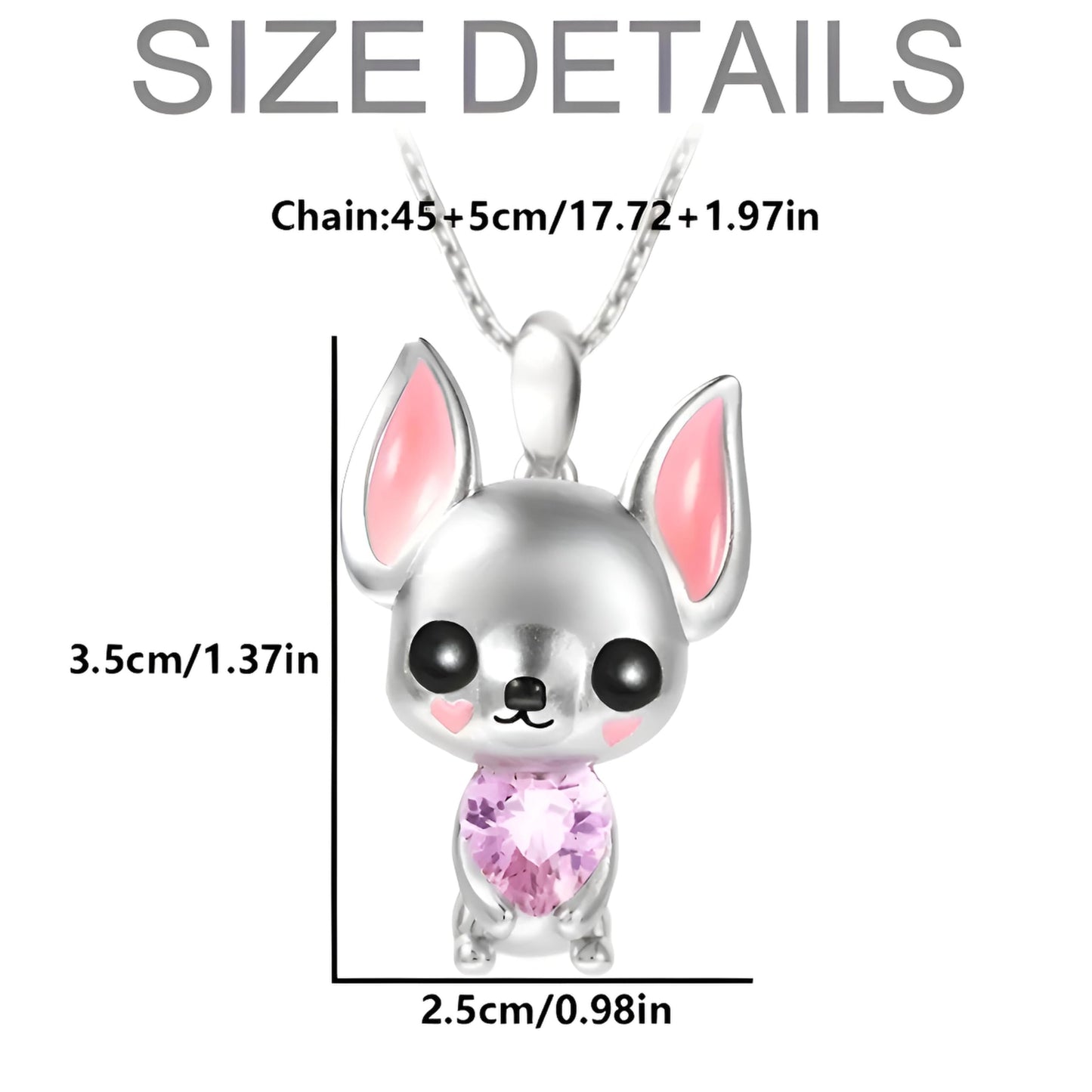 SUPAC Silver Chihuahua Pendant Necklace with Pink Crystal Heart, 17.72 inch Chain - Chihuahua Gift
