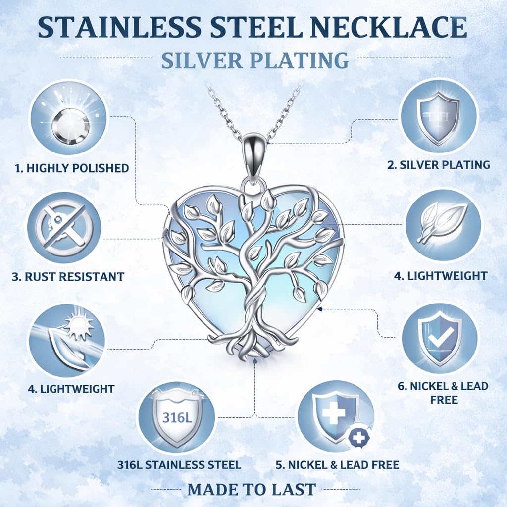 SUPAC Tree of Life Jewelry Set, Blue Crystal Heart Design, Silver-Tone Necklace Bracelet Earrings Keychain, 4-Piece Set