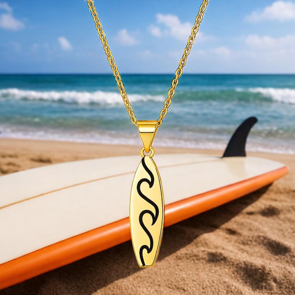 SUPAC Gold Surfboard Wave Pendant Necklace, 16.5 inch Chain with 2 inch Extension, Wave Design