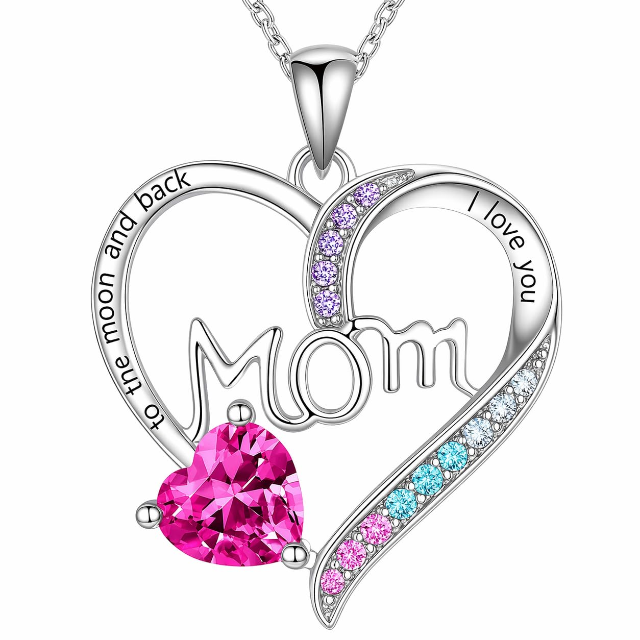 SUPAC Heart Mom Necklace, Sterling Silver Crystal Pendant with Pink Heart Stone, I Love You to the Moon and Back - Mother's Day Gift