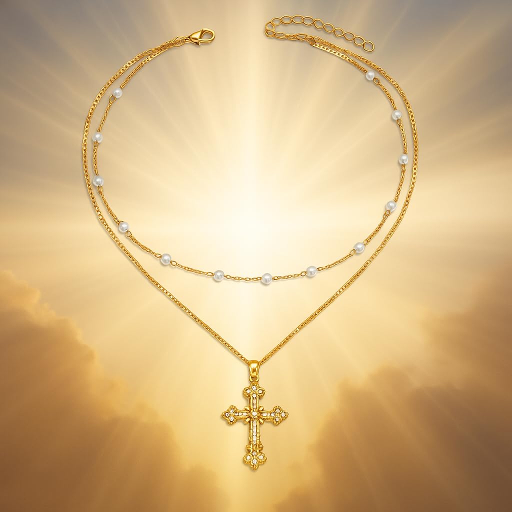 Gold-Tone Cross Pendant Necklace with Pearls and Crystals, 15.35 Inches Chain