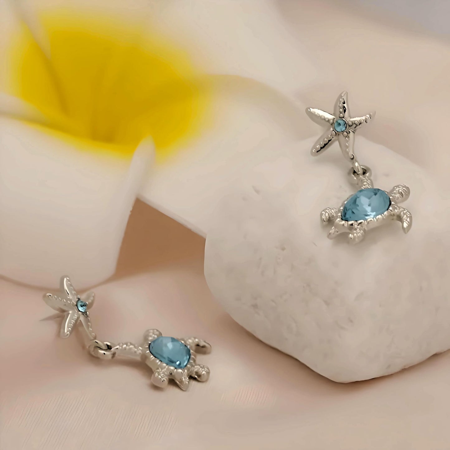 Pair of Cute Starfish and Turtle Stud Earrings - Stainless Steel Ear Needles, Man Made Rock Mosaic, Plated White K Finish, Alloy Construction