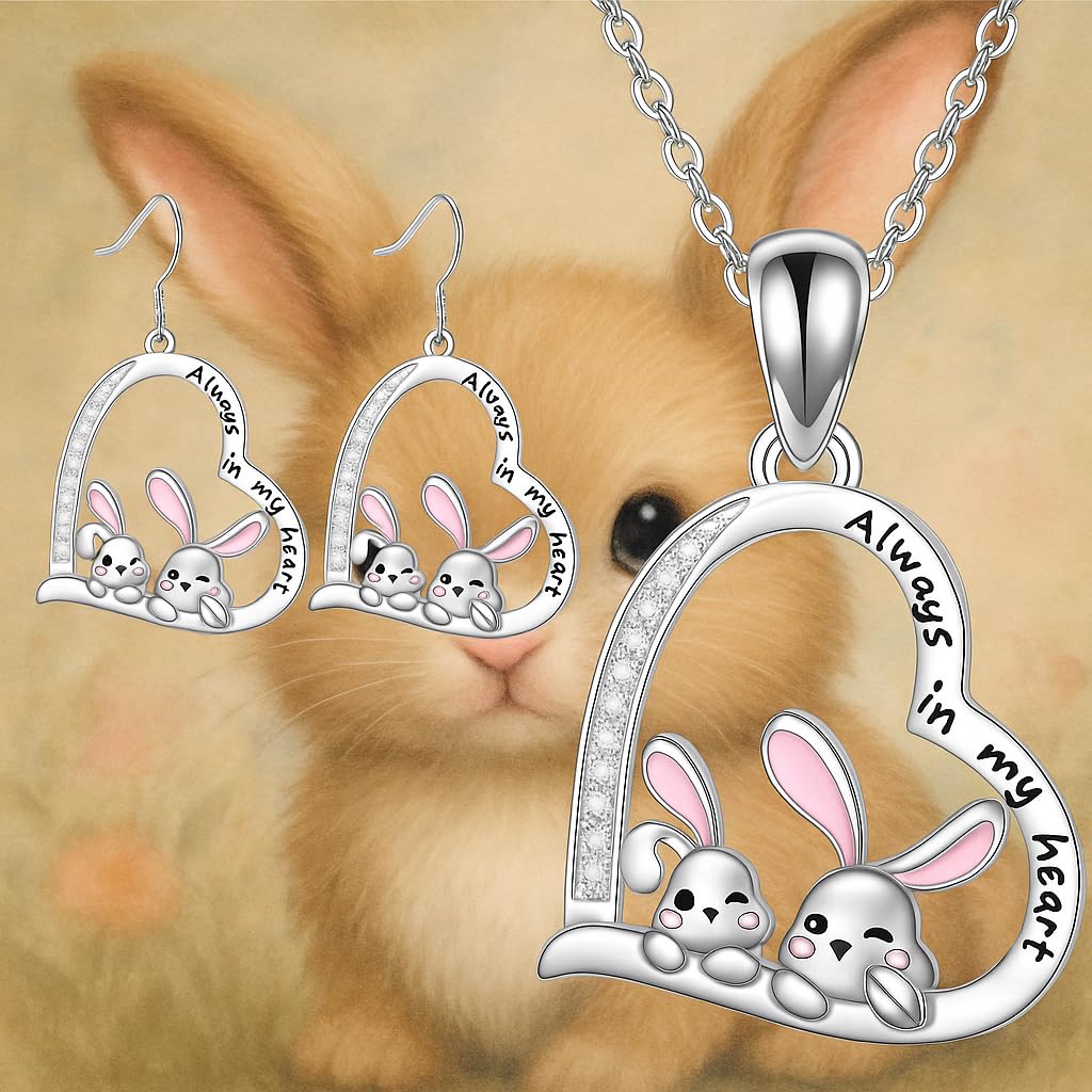 SUPAC Pair of Bunnies & Heart Pendant Necklace Always in My Heart - White Golden Plated Alloy with Resin Accents, Birthday or Friendship Gift, 3+ Options