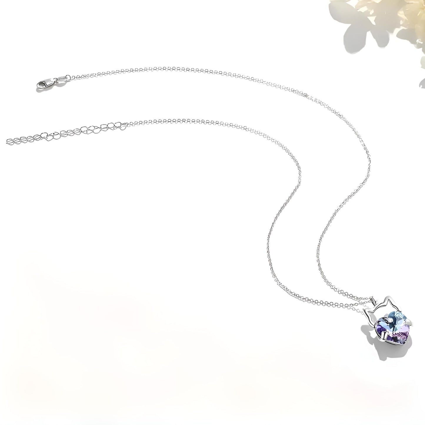 Crystal Cat Pendant Necklace, Silver Chain with Sleeping Cat Design, 17.7 inch Length