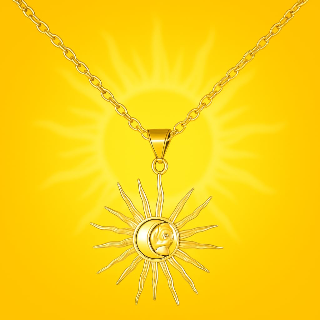 Sun and Moon Celestial Pendant Necklace, 18 Inch Gold Chain, 1.18 Inch Charm