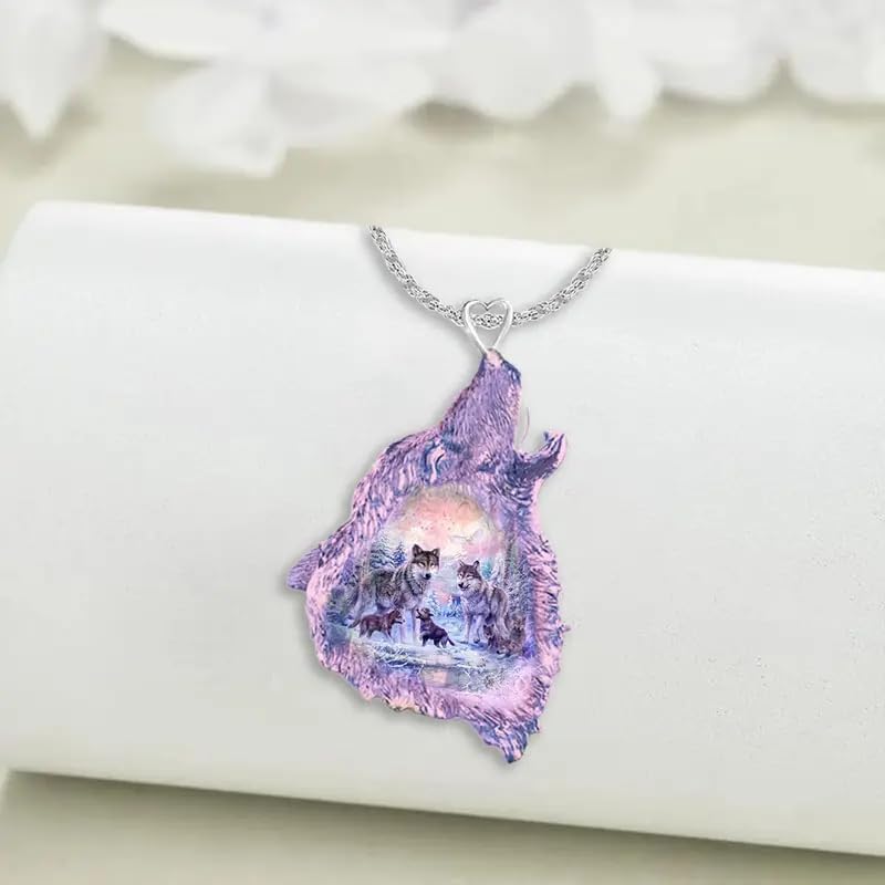 SUPAC Wolf Howling Galaxy, Solar System, Snow Field, Pendant Necklace, Stainless Steel Chain - Christmas, Birthday, or Party Gift (Wolf Flower)