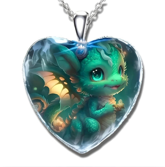 Cute Green Dragon Necklace, Glass Heart Pendant Charm with Stainless Steel Chain - Holiday, Christmas, or Birthday Gift
