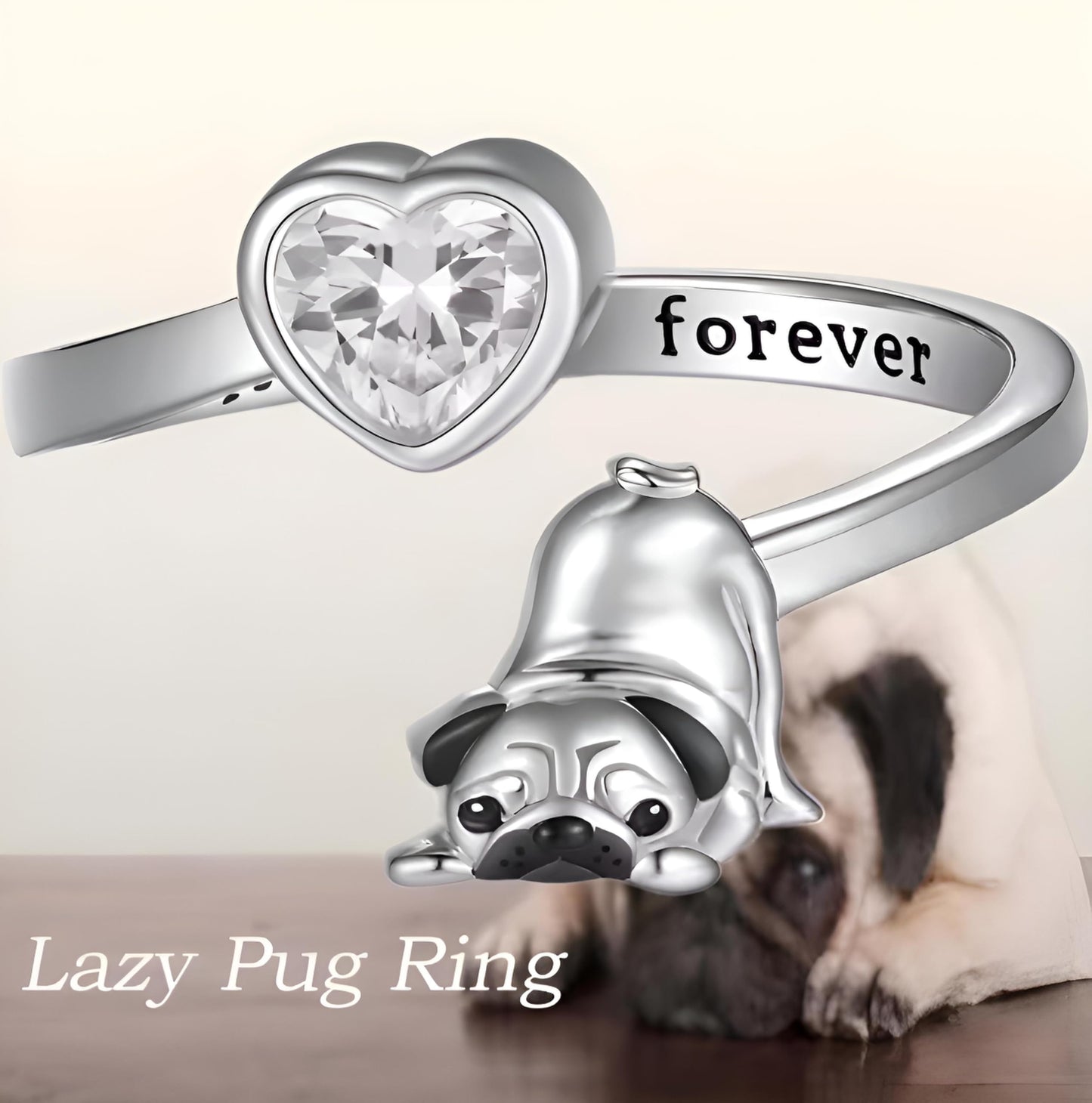 SUPAC German Shepherd, Yorkie, Pug Dog Paw Adjustable Ring, Sterling Silver, Paw Print Design with Crystal Accents - Christmas, Birthday, or Party Ring