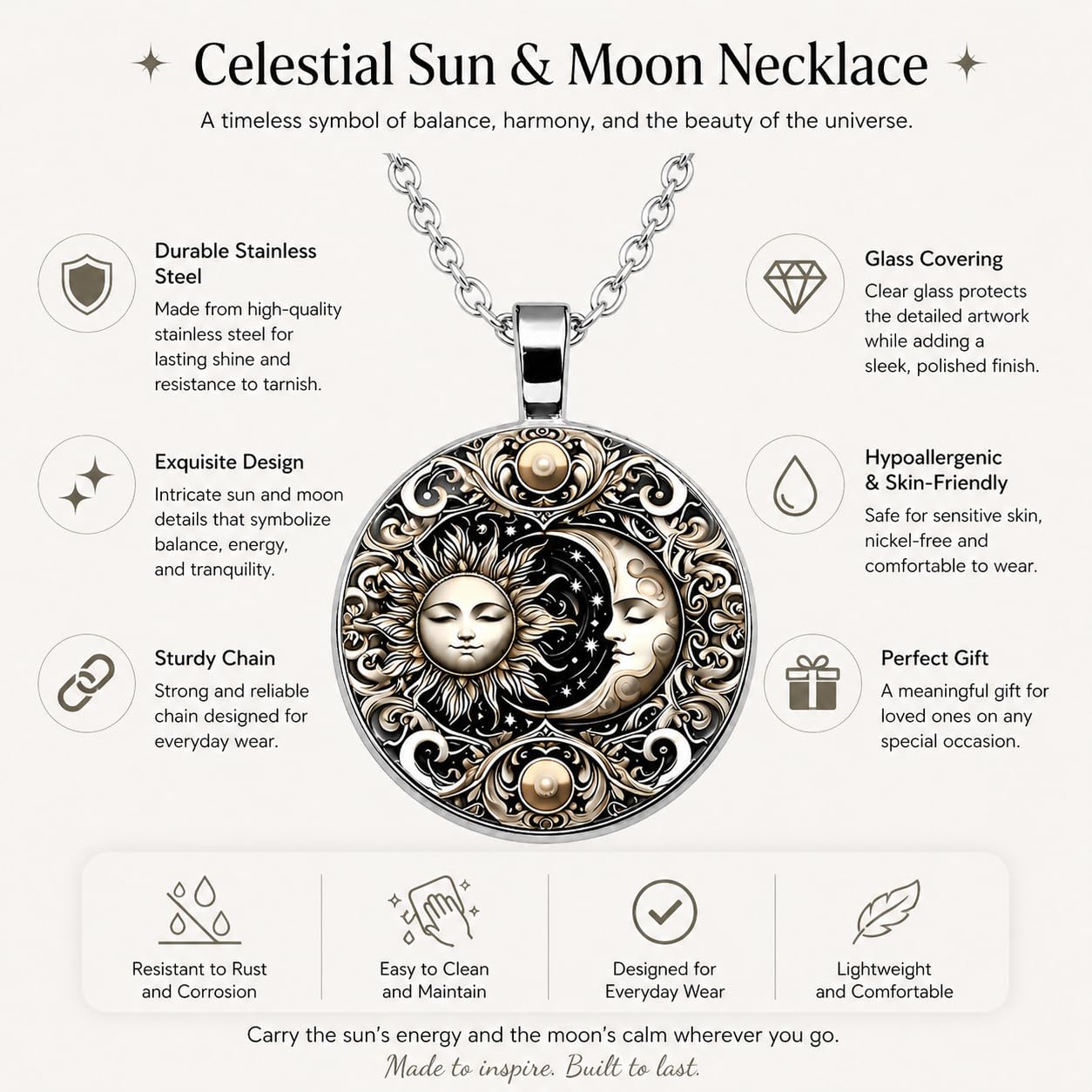 1pc Stunning Round Pendant Necklace - Unique Sun & Moon Pattern, Oil Painting Style Glass Mosaic, Alloy Construction, Trendy Sweater Chain, Fashionable Gift for Women - Christmas or Birthday Gift