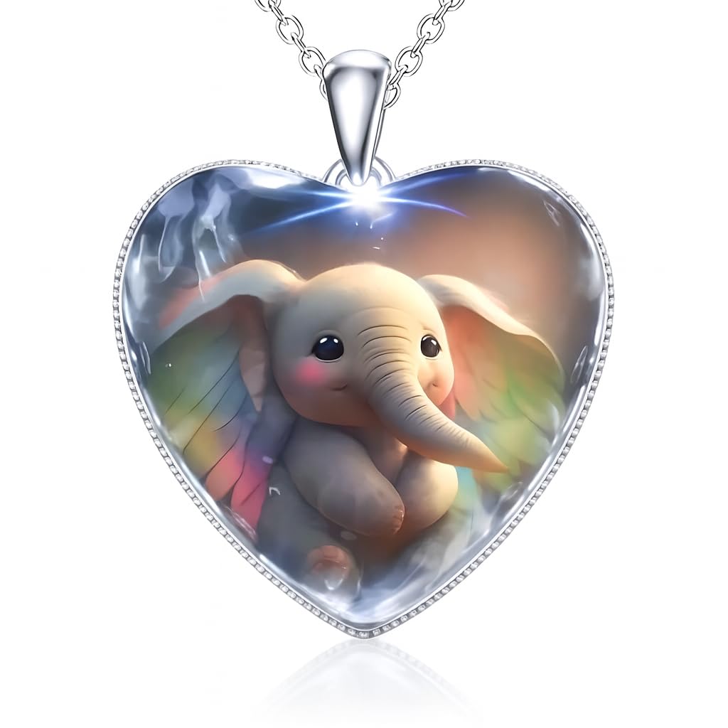 Heart-Shaped Pendant Necklace with Different Animals - Panda, Horse, Deer, Cat, Elephant, Dog Scenic Views, Stainless Steel Necklace with Glass Pendant - Christmas, Holiday, or Birthday Gift (Elephant)