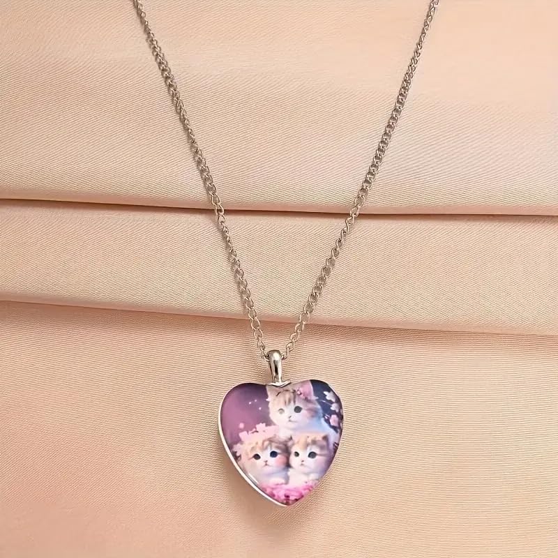 SUPAC 3 Cute Cuddily Kittens with Flowers Heart Pendant Necklace, Stainless Steel Necklace, 'I Love you Today, Tomorrow, Always' Engraved - Christmas, Holiday, or Birthday Gift