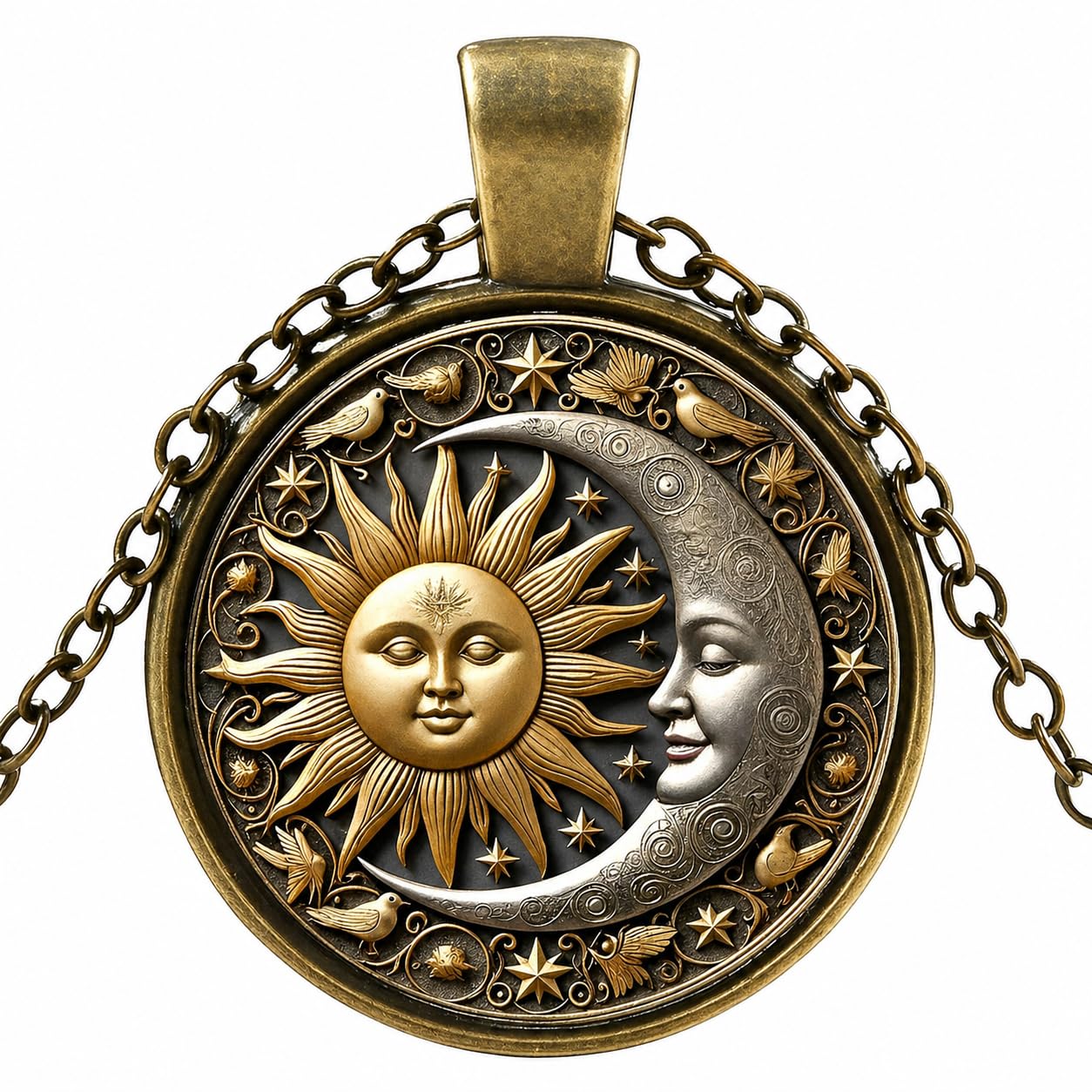 1pc Stunning Round Pendant Necklace - Unique Sun & Moon Pattern, Oil Painting Style Glass Mosaic, Alloy Construction, Trendy Sweater Chain, Fashionable Gift for Women - Christmas or Birthday Gift