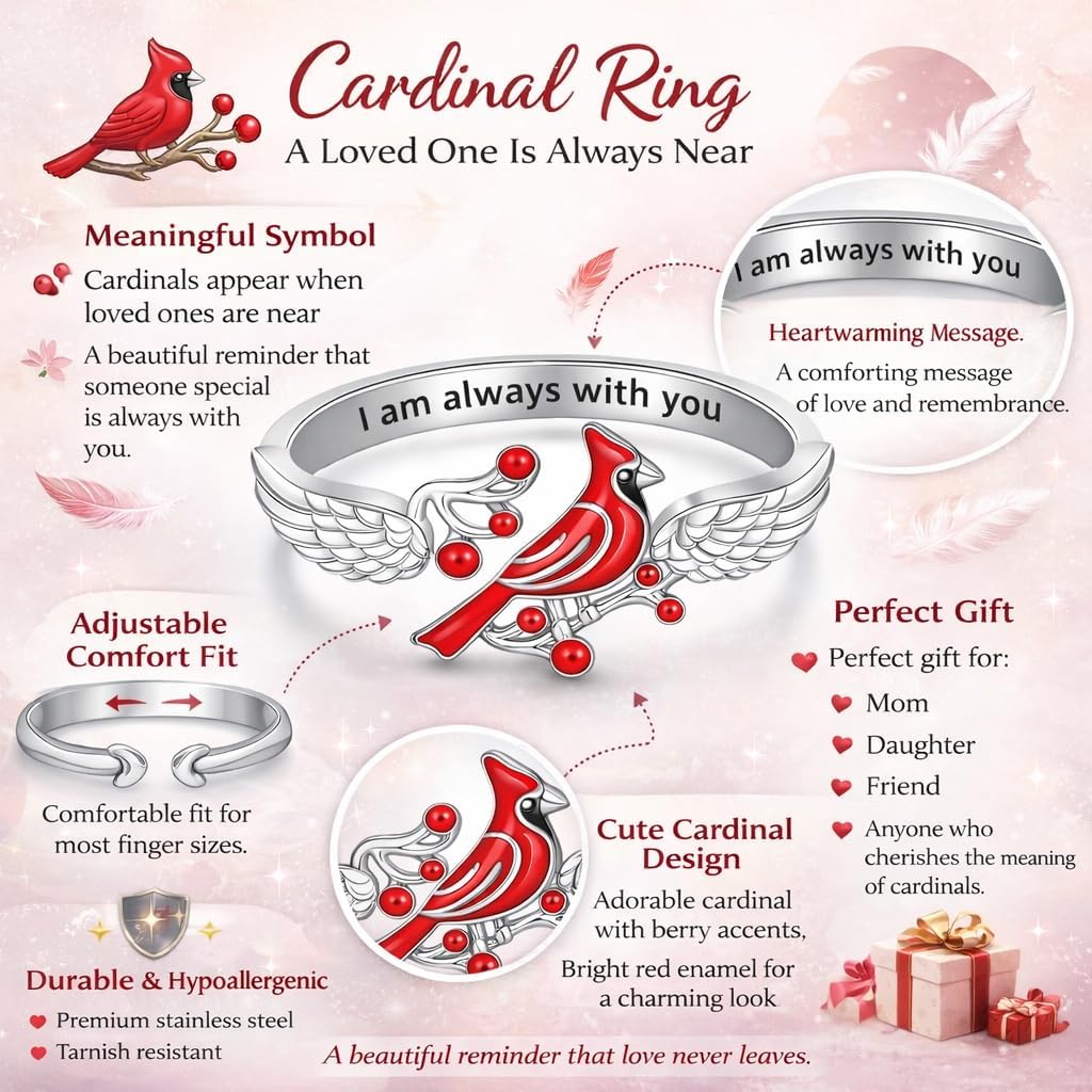 SUPAC Red Cardinal Cross Ring, Silver-Plated 'I Am Always with You' Inspirational Message, Adjustable - Christmas, Party, or Birthday Gift