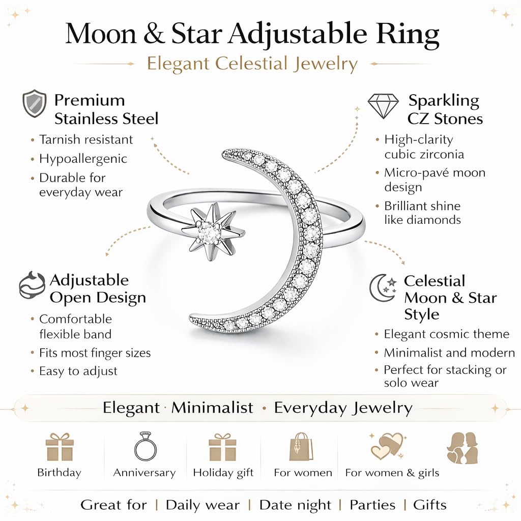 SUPAC 1pc Chic Moon & Sun Cuff Ring - Shimmering Rhinestone Crescent Design - Delicate Daily Wear & Party Accessory for Fashion-Forward Style - Christmas, Birthday Gift