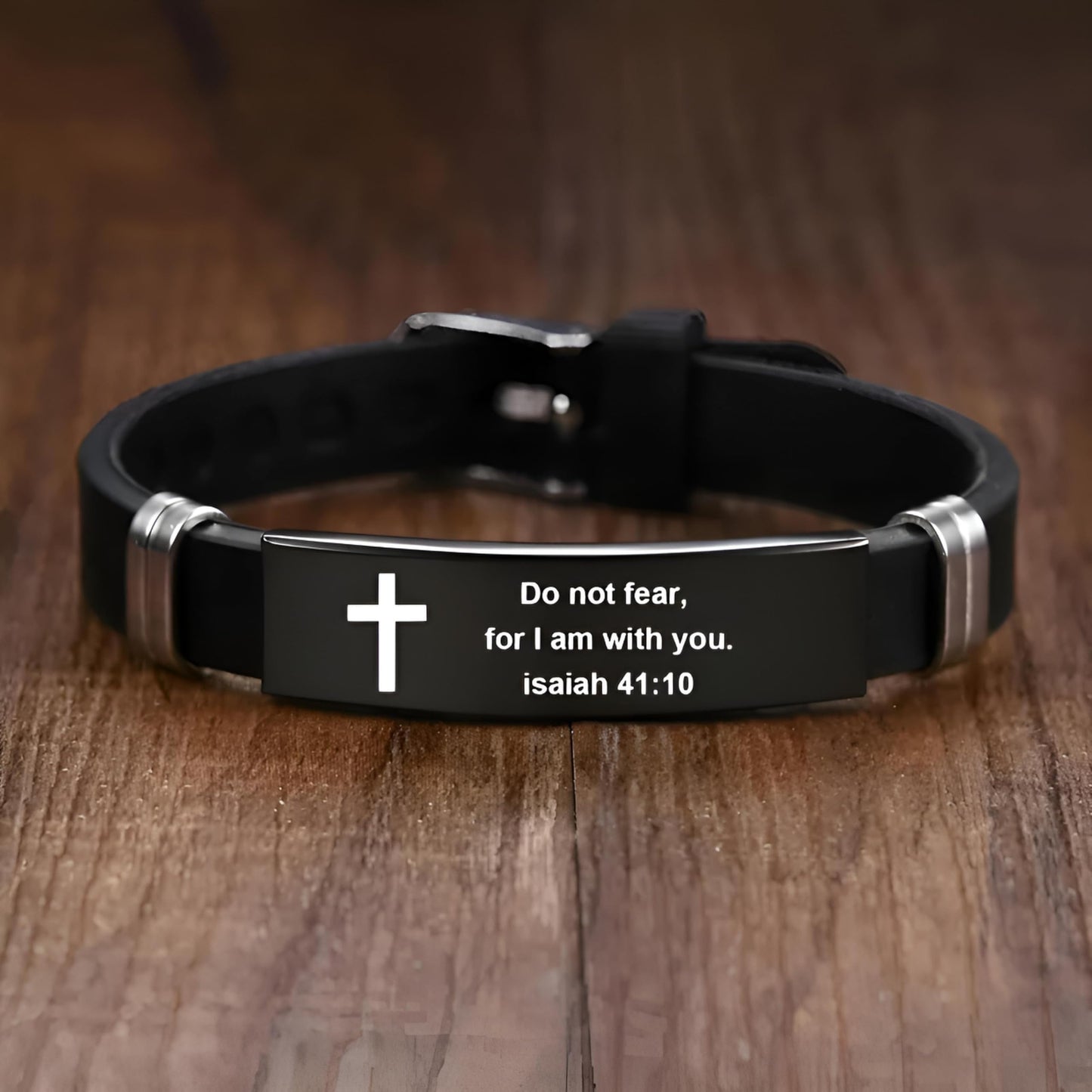 Christian Cross Bracelet with Proverbs 3:5, Phillipians 4:13, Matthew 19:26, Isaiah 41:10, Luke 1:37, Matthew 28:20 Scripture, Black Silicone Adjustable Watch Band, 9.05 inch Length