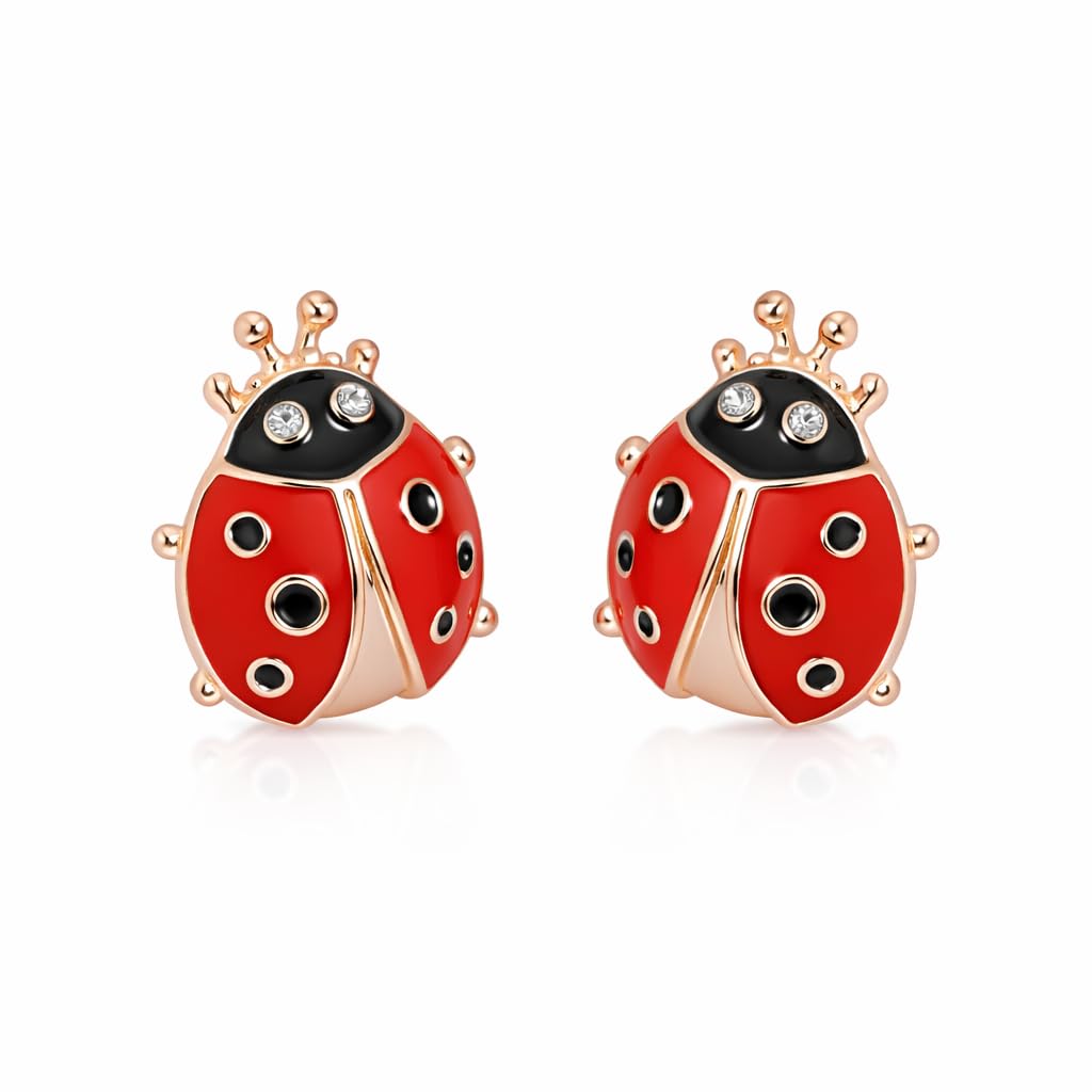 Cute Ladybug Stud Earrings, Red and Black Enamel with Crystal Rhinestones, Rose Gold Plated, 1.5cm x 1.2cm
