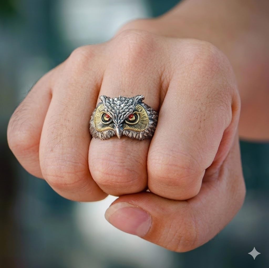 SUPAC Vintage Owl Ring with Turquoise Eyes, Two-Tone Silver and Gold Finish, Detailed Feather Design, Adjustable Size