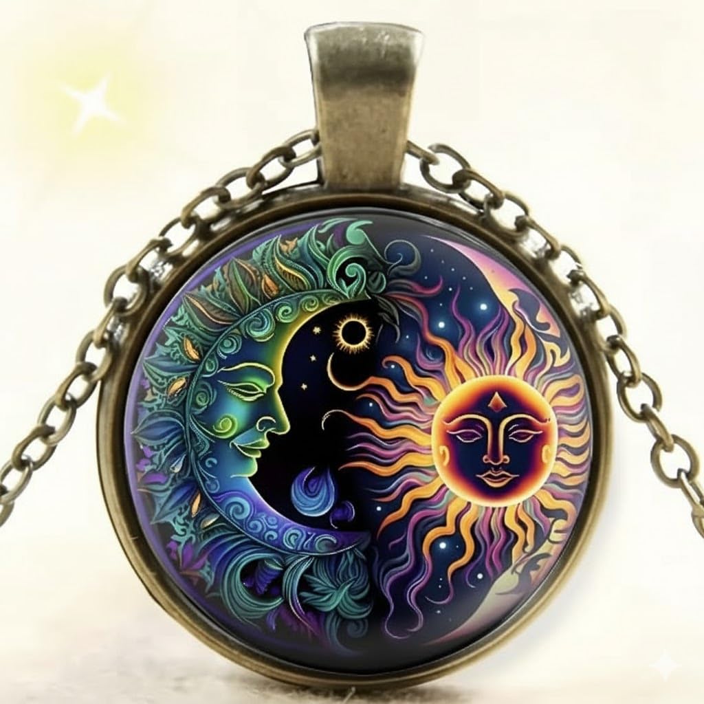 Celestial Sun and Moon Pendant Necklace, 17.7 inch Chain, Colorful Mystical Design (Bronze Chain)