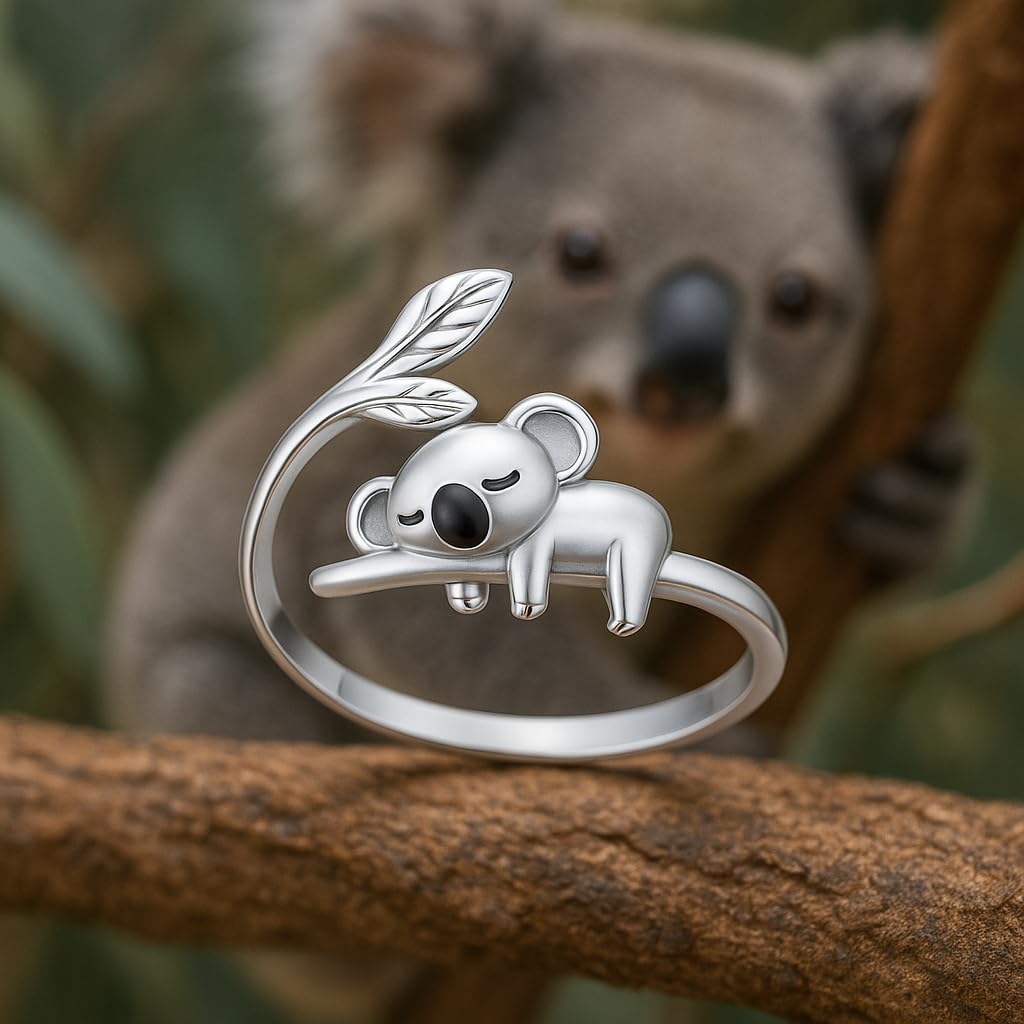 Silver Mom Daughter Adjustable Animal Ring Love Heart Animal Rings Jewelry Mother's Day Gifts for Women Wife Nana 6+ Variaitons (Koala)
