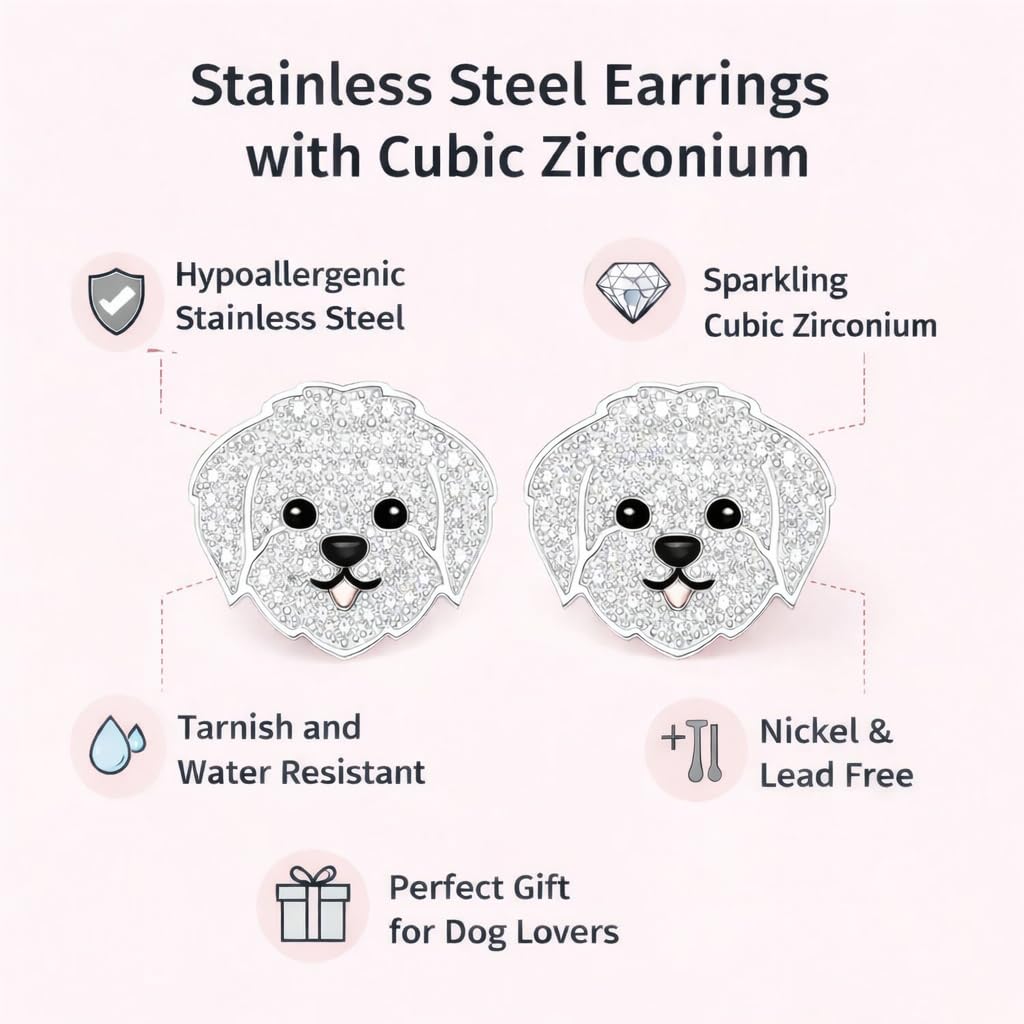 Dog Lovers' Earrings, Different Dog Breed Stud Earrings with Crystals, Rose Gold and Silver Tone - Party, Birthday, or Christmas Gift