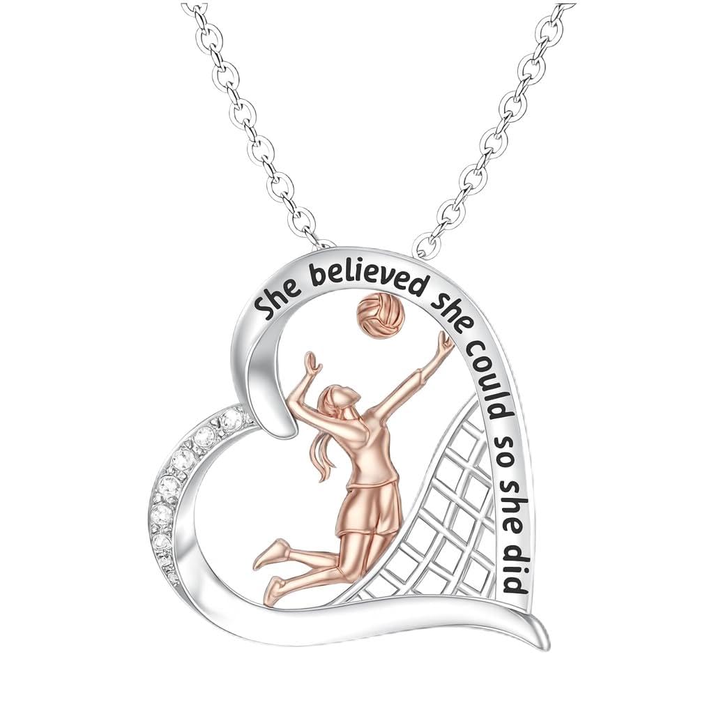 Sports Heart Necklace, 9 Different Sport Options: Basketball, Jumping Cheerleader, Gymnast, Softball, Volleyball, Ballet Ballerina, Runner, Sports Accessories Birthday Gift- Simulated Rainbow Diamonds, Christmas, Birthday or Party Gift
