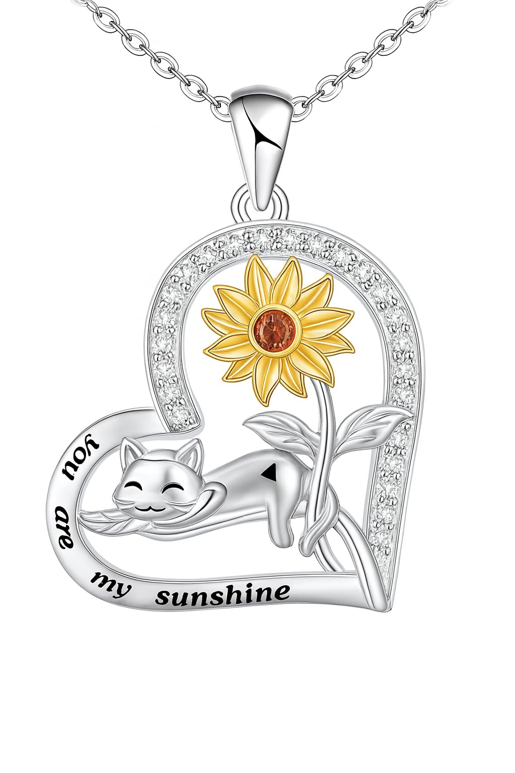 Stainless Steel Cat Moon Heart Star Flower Necklace with Crystal Pendant, 8 Designs - Cute Heart Necklace, With Black Cats, Charming in Rose Gold - Stylish Gift for Women & Party Accessory (Cat w/sunflower)