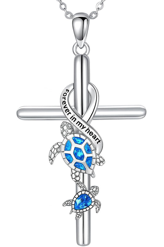 SUPAC Turquoise Sea Turtles Cross Pendant Necklace, Gift for Special Occasions, Stainless Silver- Forever in my heart