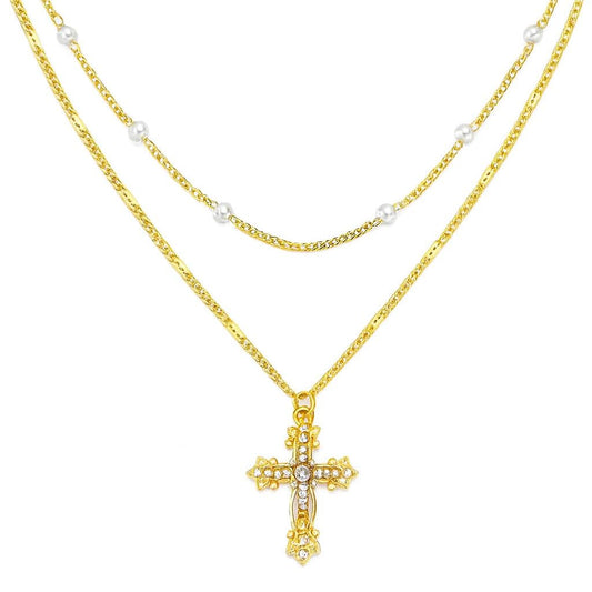 Gold-Tone Cross Pendant Necklace with Pearls and Crystals, 15.35 Inches Chain