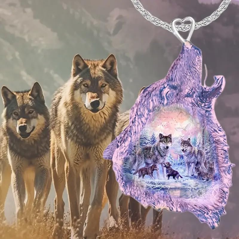 SUPAC Wolf Howling Galaxy, Solar System, Snow Field, Pendant Necklace, Stainless Steel Chain - Christmas, Birthday, or Party Gift (Wolf Flower)