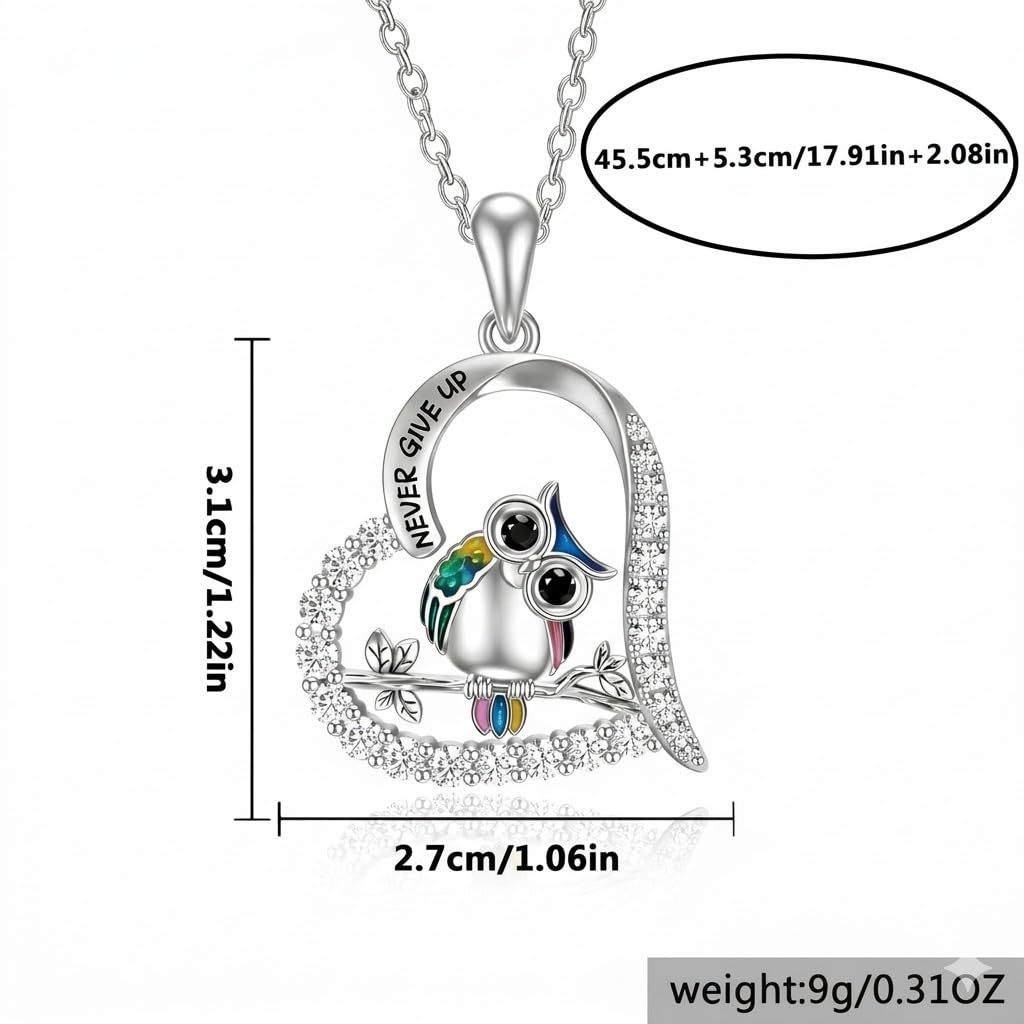 SUPAC Never Give Up Stainless Steel Owl Pendant Necklace, Crystal Rhinestone Crescent Design, 17.91 inch Chain Length, Inspirational Jewelry