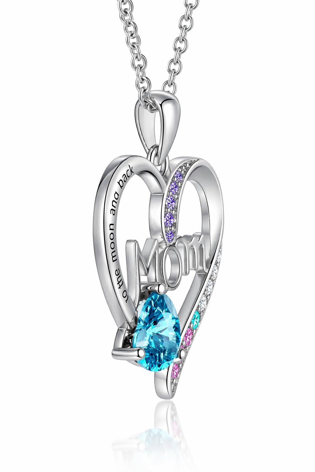 SUPAC Heart Mom Necklace, Sterling Silver Crystal Pendant with Pink Heart Stone, I Love You to the Moon and Back - Mother's Day Gift