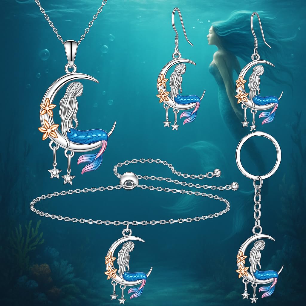 Mermaid Moon Jewelry Set, Stainless Steel, 4-Piece with Necklace, Bracelet, Earrings and Ring, Blue and Pink - Mermaid Gift