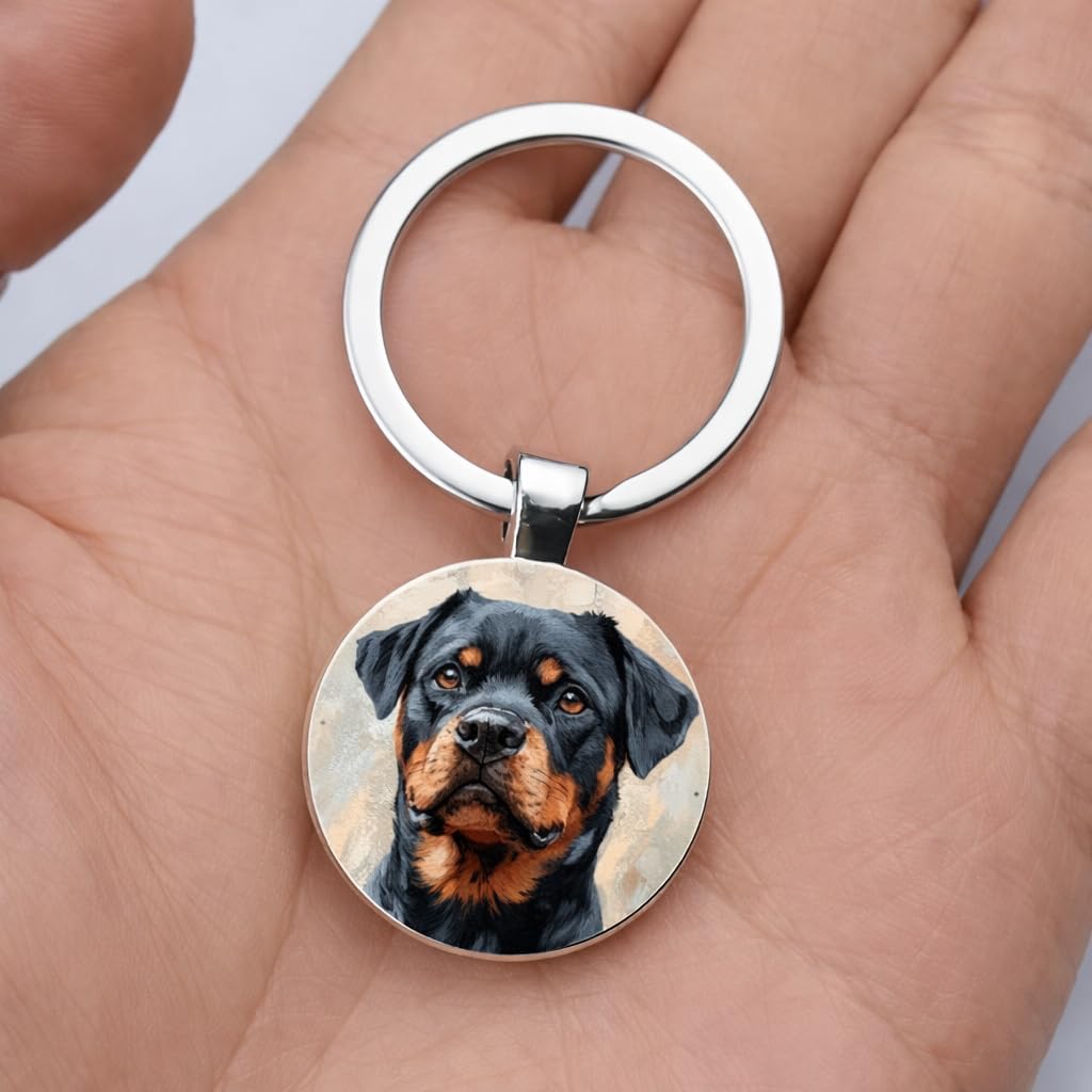 SUPAC Dog Lovers' Keychain, Different Puppy Breeds Portrait Round Glass Keychain, Silver Metal Frame, 1.06 Inch Diameter