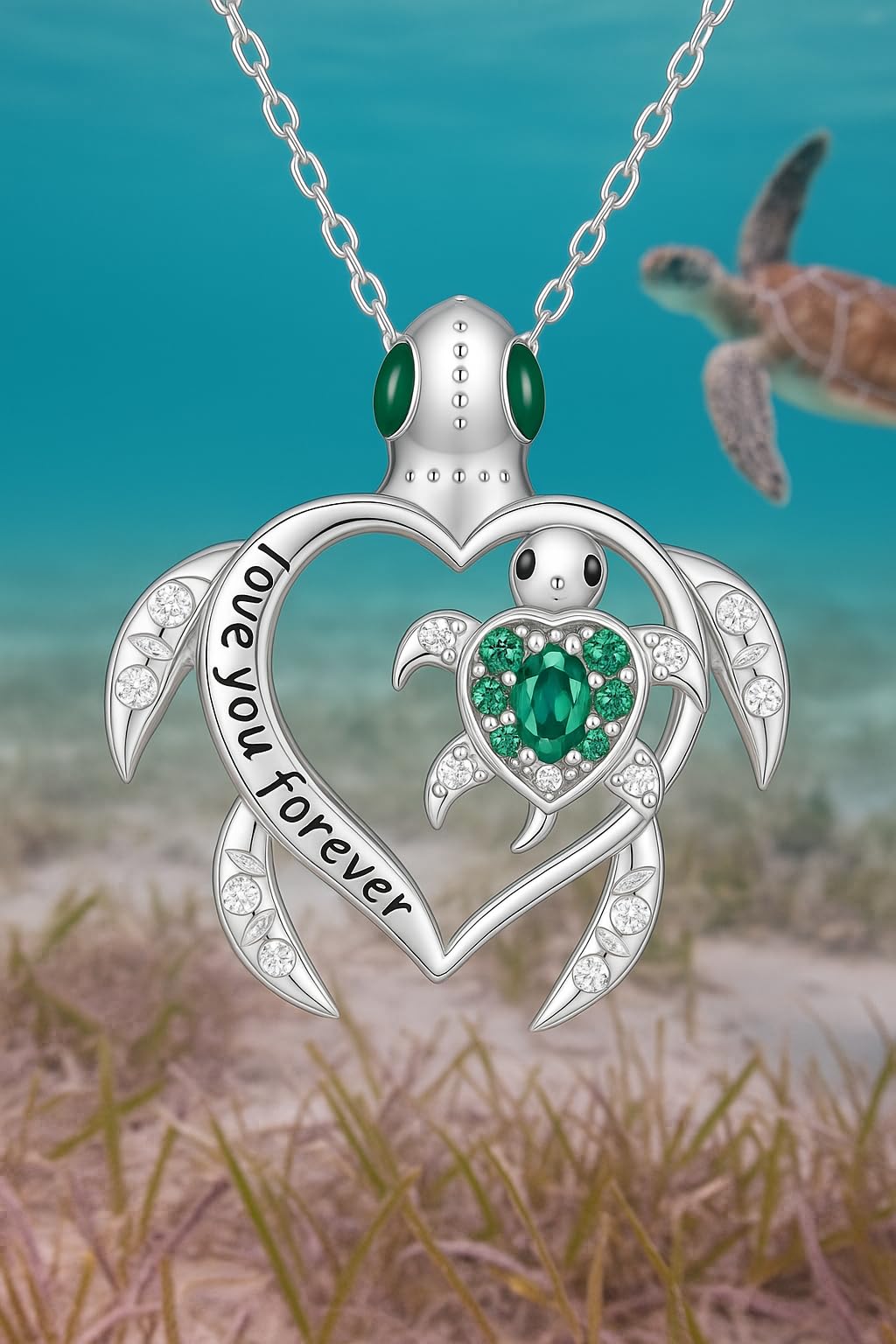SUPAC Cute Green Turtle Mother Pendant Necklace, Animal Jewelry, Christmas or Birthday Gift