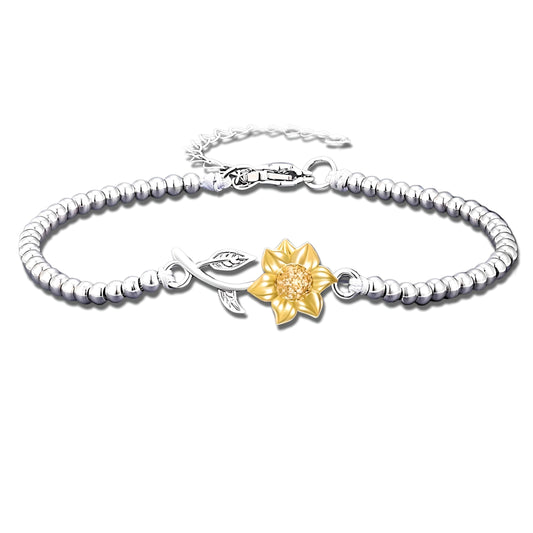 Sunflower Beaded Bracelet, Silver Chain with Gold Flower Charm, Inspirational Jewelry Gift
