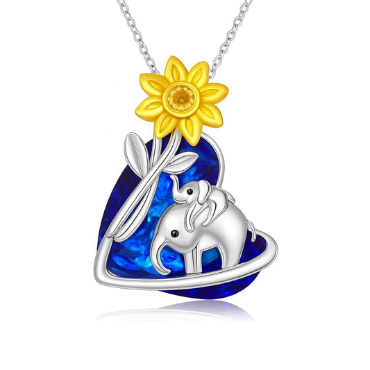 Stainless Steel Animal Pendant Necklace Set, Elephant with Sunflower, Hummingbird, Cat Design, Multi-Color Crystal (Elephant W/Sunflower)