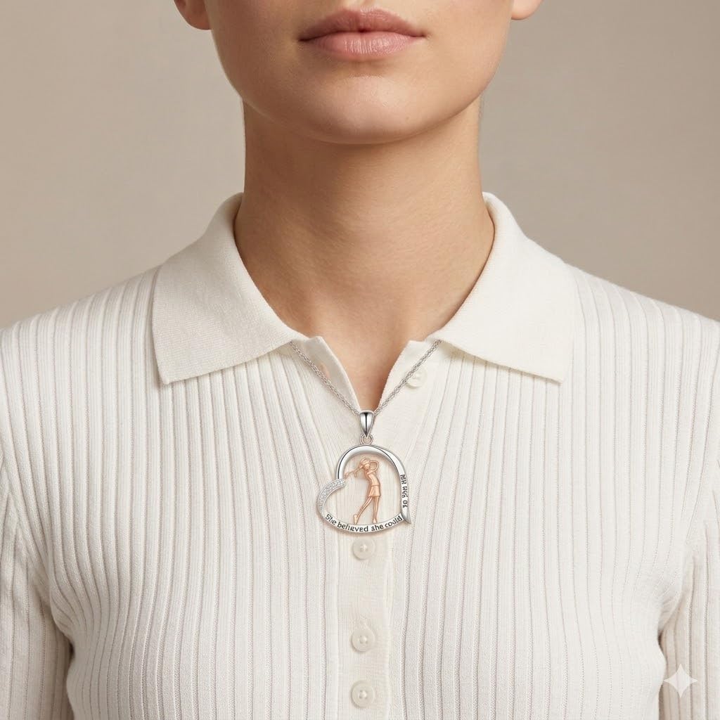 SUPAC Creative Sports Golf Girl Heart-shaped Pendant Necklace, Elegant Golf Jewelry, Birthday Party Christmas Gift: She believed she could so she did