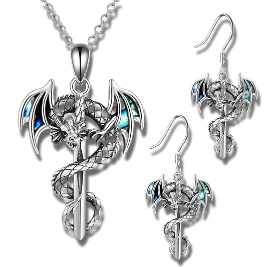 Dragon Sword Jewelry Set, Silver Pendant Necklace and Earrings with Iridescent Wings, Gothic Fantasy Design