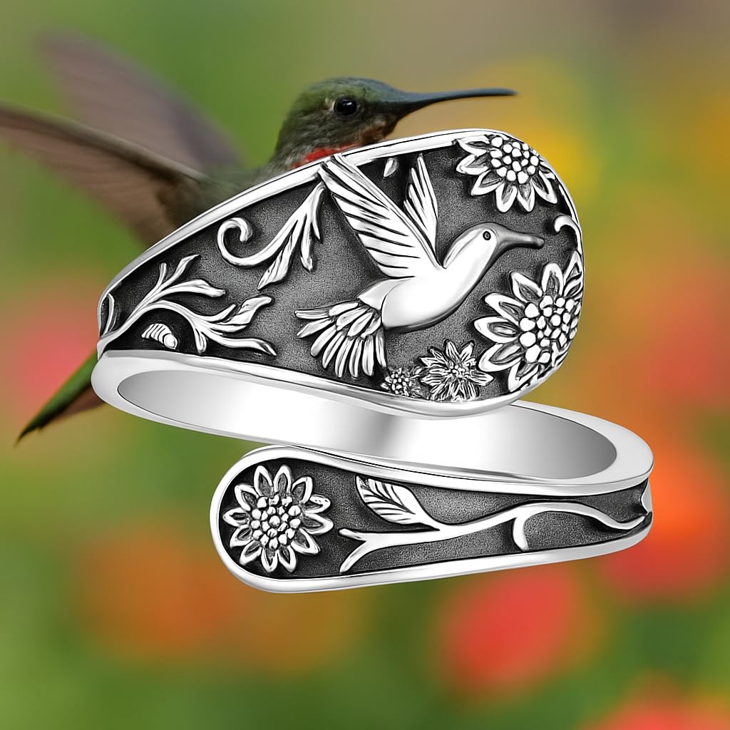 SUPAC Vintage Hummingbird Spoon Ring, Sterling Silver Adjustable Band, Floral Design