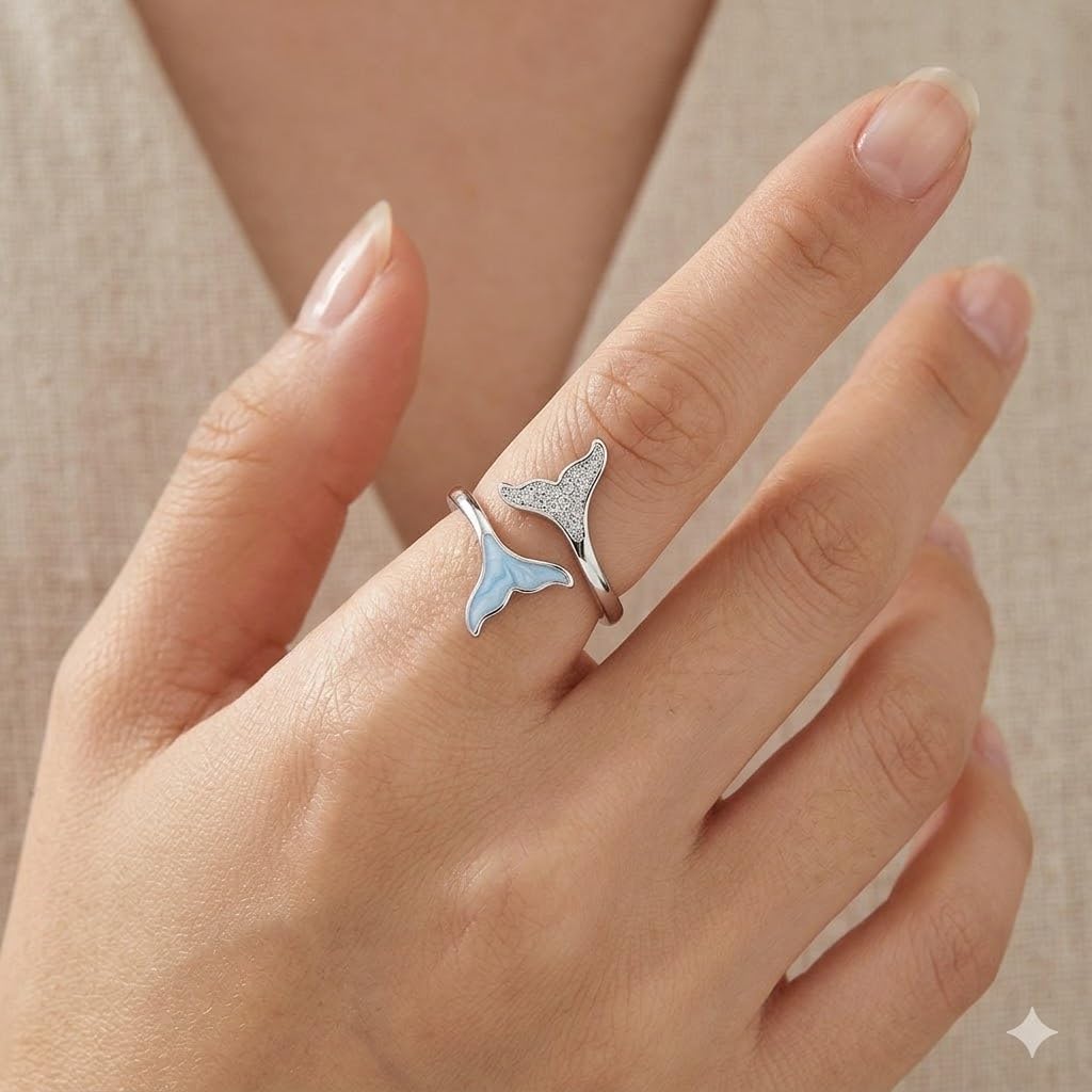 SUPAC Sterling Silver Whale Tail Ring with Crystal Accents, Adjustable Open Design - Gift for Whale Lovers