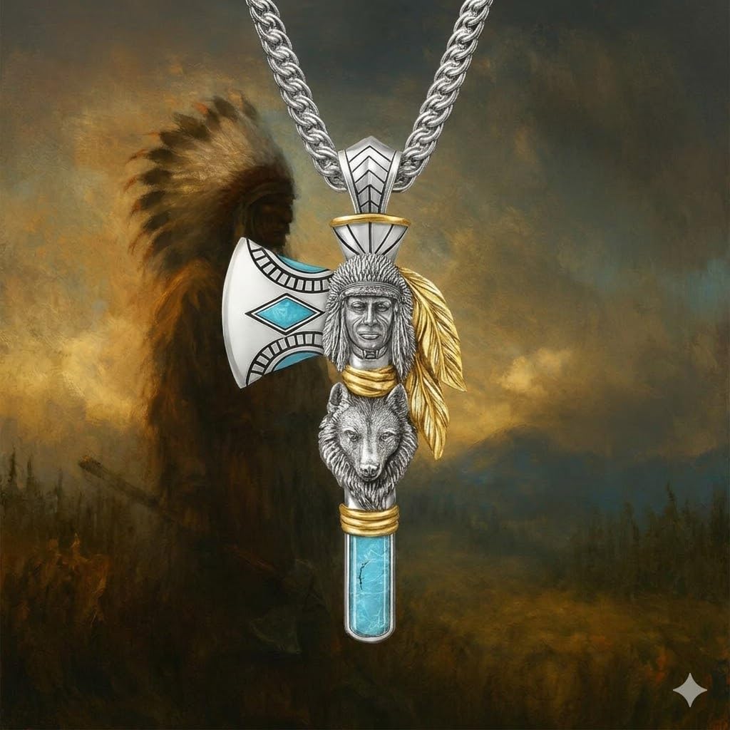 Indian Axe Pendant Necklace, Native American Wolf Design, Stainless Steel Chain