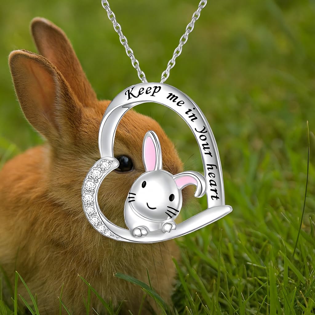 SUPAC Pair of Bunnies & Heart Pendant Necklace Always in My Heart - White Golden Plated Alloy with Resin Accents, Birthday or Friendship Gift, 3+ Options
