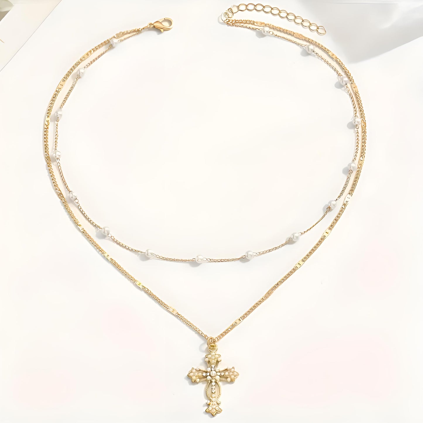 Gold-Tone Cross Pendant Necklace with Pearls and Crystals, 15.35 Inches Chain