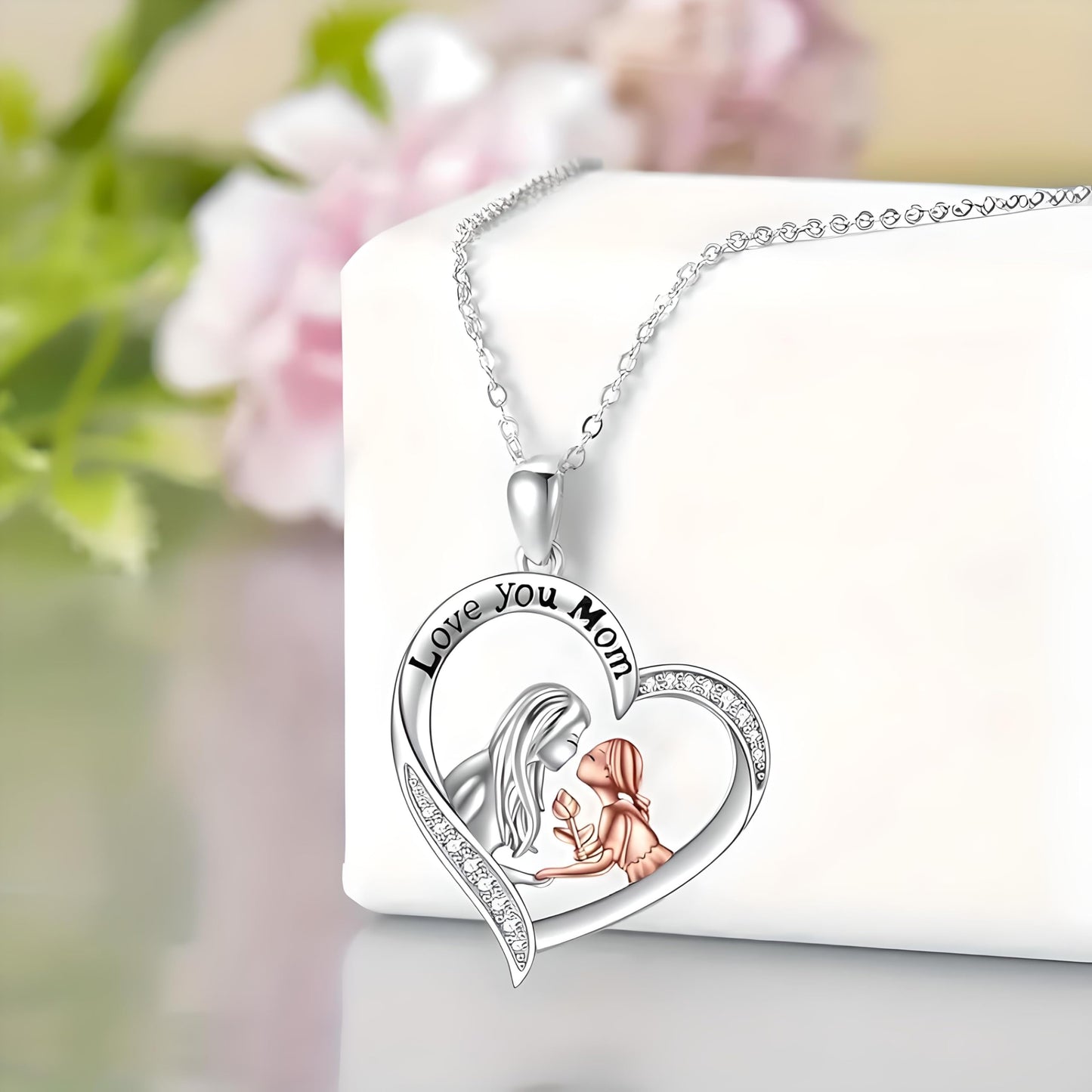 SUPAC Heart-Shaped Mother's Day Necklace, Family + Necklace Options with Crystal Accents, Pendant Gift, Silver and Gold-Tone, 'I Love You Always & Forever' Message (Mother + Daughter)