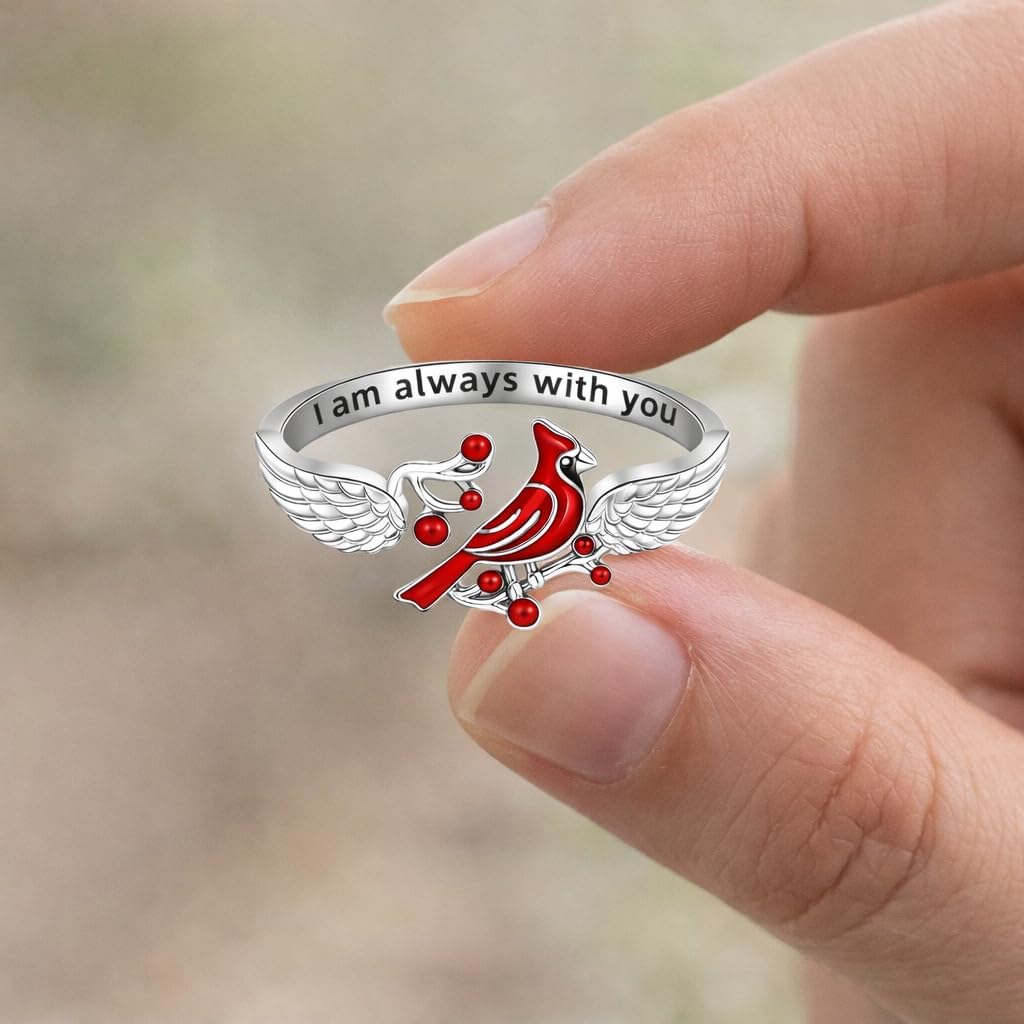 SUPAC Red Cardinal Cross Ring, Silver-Plated 'I Am Always with You' Inspirational Message, Adjustable - Christmas, Party, or Birthday Gift